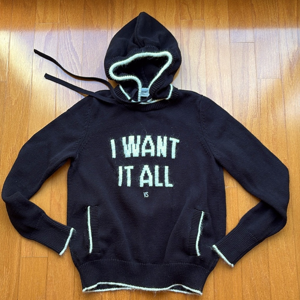 Rare Victoria’s Secret “I Want it All” Black & White Fuzzy Hoodie Sweater